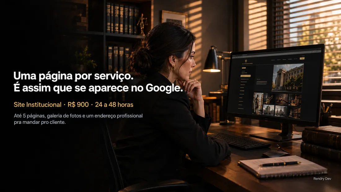Advogada revisando o site do escritório, com várias páginas, num monitor grande