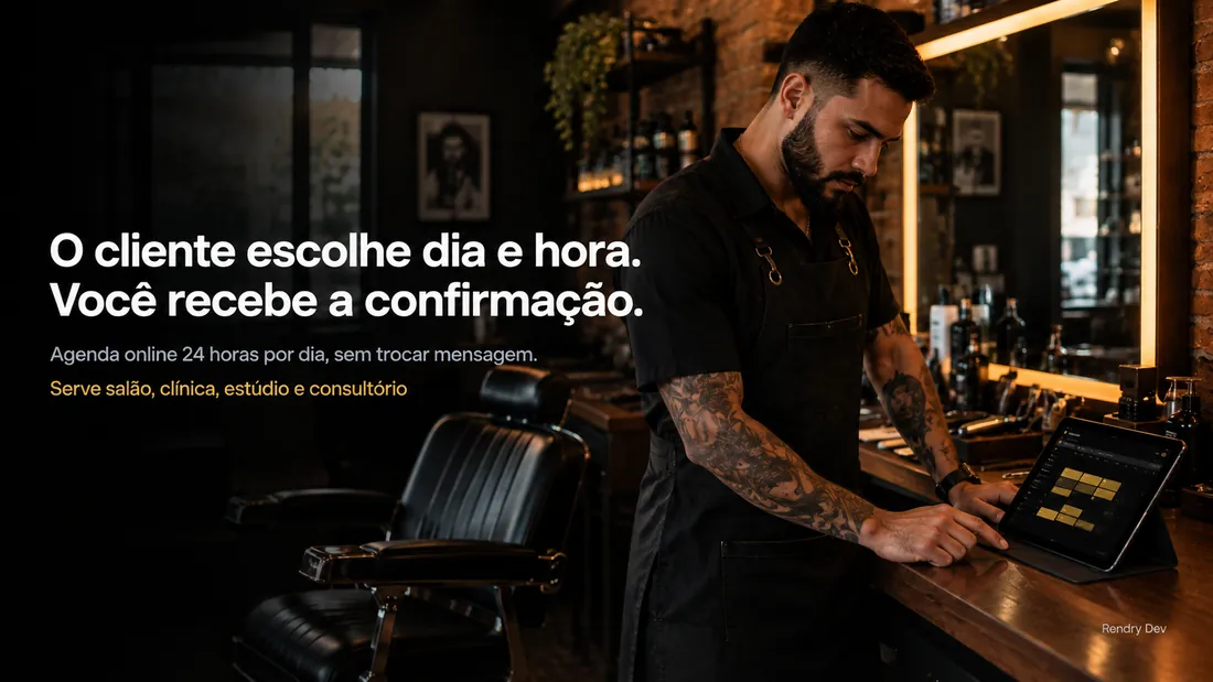 Barbeiro conferindo a agenda online no tablet, ao lado da cadeira de barbeiro