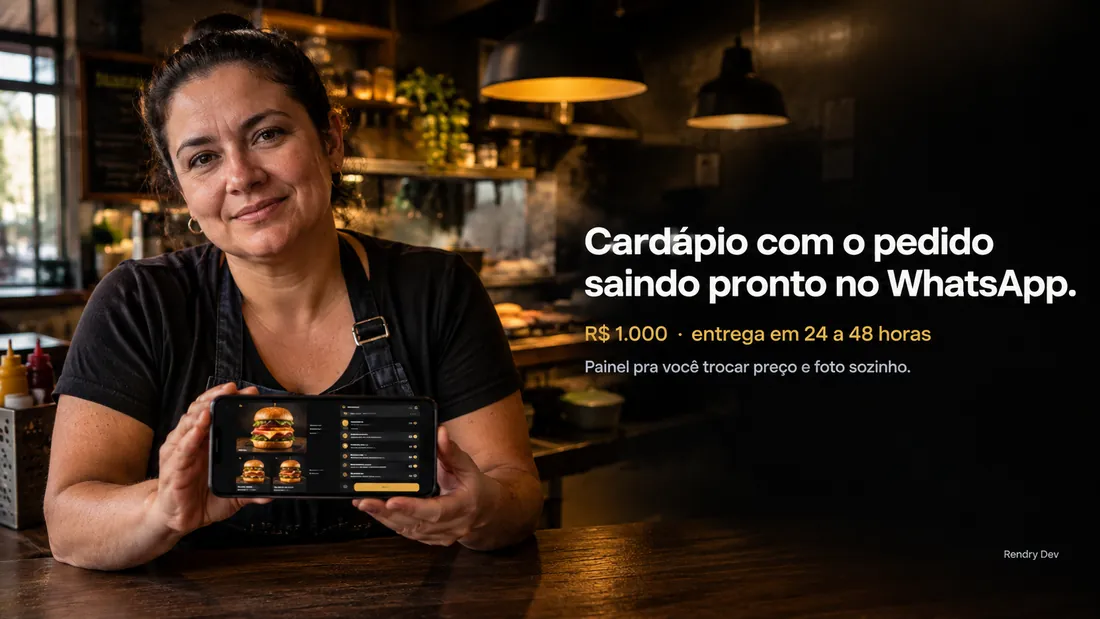 Dona de hamburgueria mostrando no celular o cardápio digital com o pedido montado