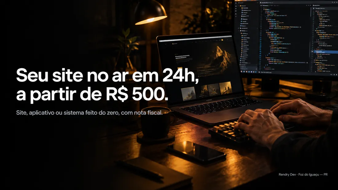 Mesa de trabalho de desenvolvedor à noite, com notebook e monitor mostrando um site escuro com detalhes dourados
