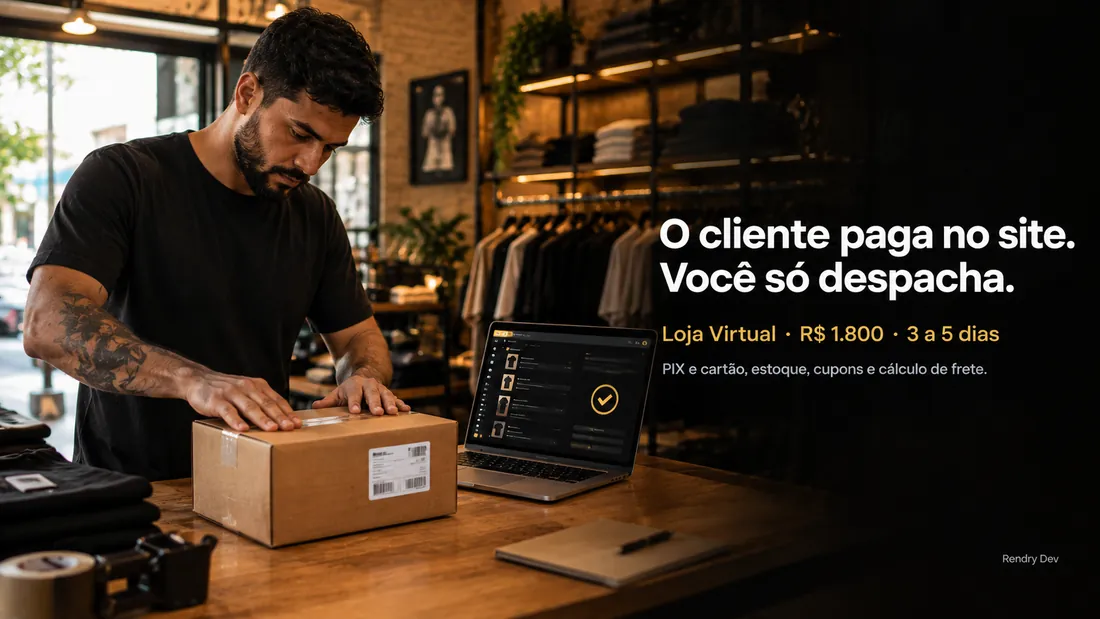 Dono de loja fechando uma caixa de envio, com o painel da loja virtual aberto no notebook