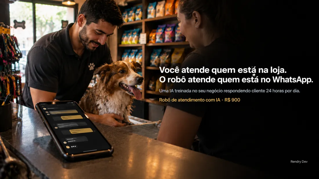 Dono de pet shop atendendo uma cliente e um cachorro enquanto o celular responde sozinho no balcão