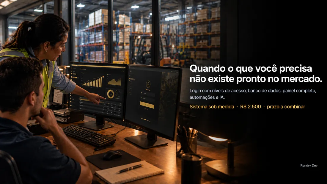 Gerente de distribuidora mostrando o painel do sistema sob medida em dois monitores