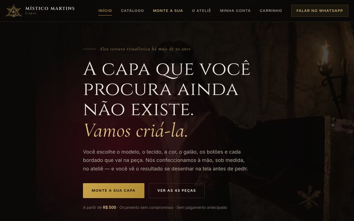 Página inicial do configurador de capas do Místico Martins